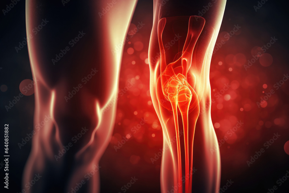 The knee joint of a person with a painful area of rheumatoid arthritis, glowing red - obrazy, fototapety, plakaty 