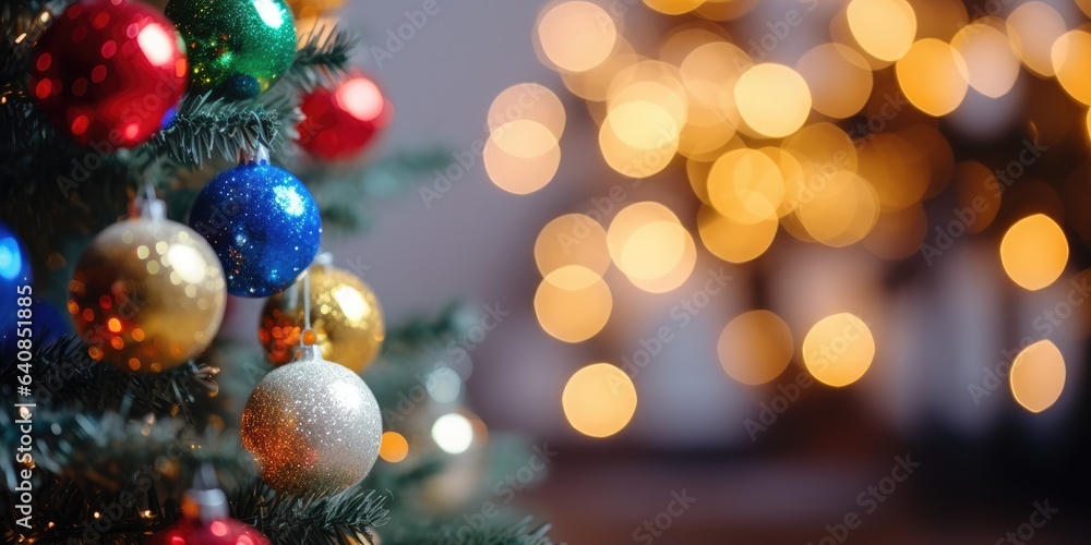 Merry Christmas and Happy New Year. Festive bright beautiful background. Decorated Christmas tree on blurred background. de-focused lights, gold bokeh Merry Christmas and Happy New Year. Festive bright beautiful background. Decorated Christmas tree on blurred background. de-focused lights, gold bokeh