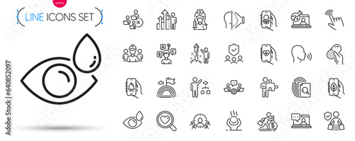 Pack of Algorithm, Remove team and Business targeting line icons. Include Difficult stress, Capsule pill, Ecology app pictogram icons. Face id, Teamwork, Health app signs. Eye drops. Vector
