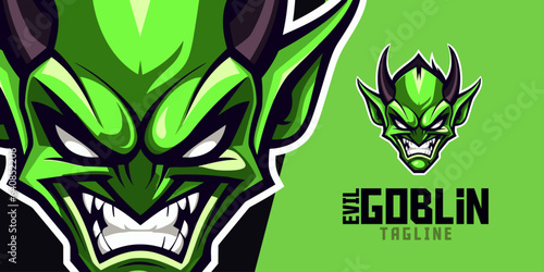 Illustrated Vile Green Goblin: Logo, Mascot, Illustration, Vector Graphic for Sporty and E-Sporting Crews, Furious Goblin Mascot Head 