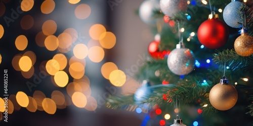 Merry Christmas and Happy New Year. Festive bright beautiful background. Decorated Christmas tree on blurred background. de-focused lights  gold bokeh