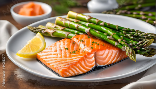 plate of salmon and asparagus on a table, healthy food concept, generative ai