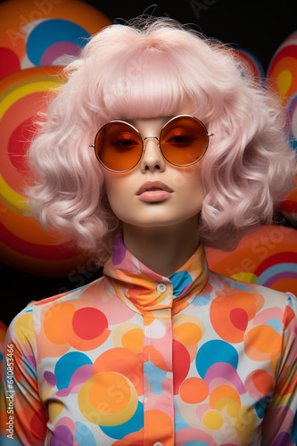 60s fashion, bold pop art, photo shoot style, of beautiful albino asian women, closed eyes with bold 1960s funky big bold glasses, pastel color palette makeup, pastel background made with AI