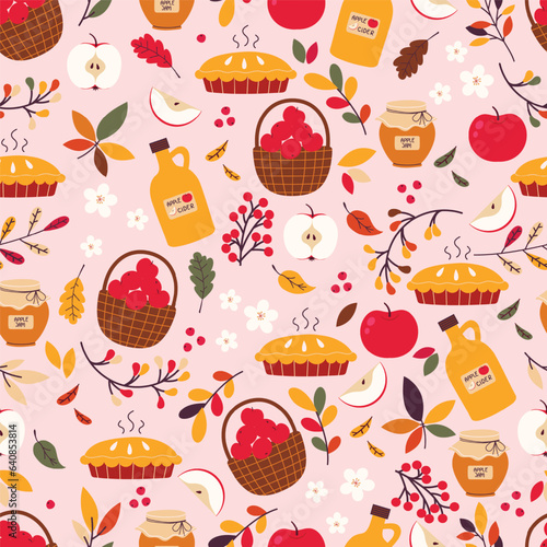 Autumn seamless pattern with apple fruit, pie, basket full of apples, apple cider and colorful fall leaves. 
