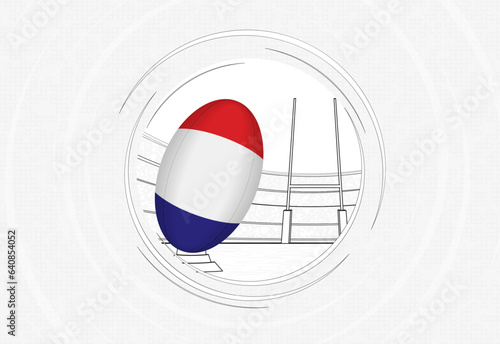 France flag on rugby ball, lined circle rugby icon with ball in a crowded stadium.