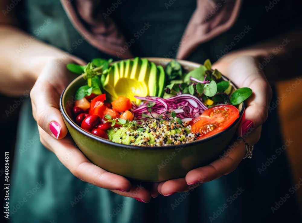 Woman's hands holding a healthy green bowl of vegetables, mushrooms, and avocado