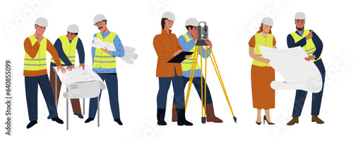 Builders team set. Surveyors and engineers in protective helmets with equipment and theodolite. Employees discuss construction business project. Cartoon flat vector isolated on white background