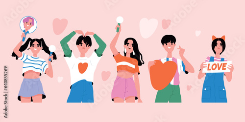 Fans with placards set. Group of young people at K pop music concert show signs of love and heart with hand gestures and holding cheering sticks. Cartoon flat vector isolated on pink background