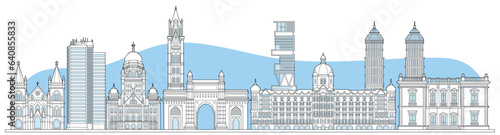 Mumbai cityscape sketch. Horizontal banner with outline architecture and buildings, houses and skyscrapers, monument and attractions. Linear flat vector illustration isolated on white background