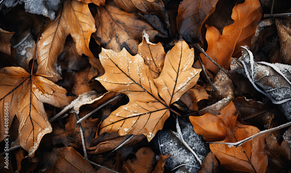 Abstract background, leaves covered with hoarfrost close-up.