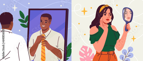 People look in mirror set. Smiling young man and woman doing morning routine and preening in bathroom. Characters take care of their appearance. Cartoon flat vector collection isolated on background