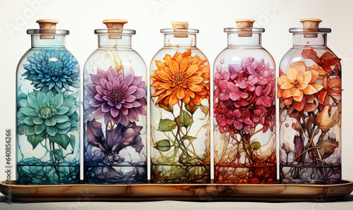 Watercolor  glass bottles with flowers  on a white background.