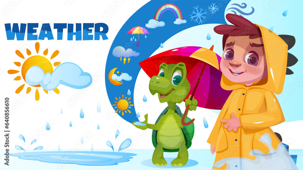 Naklejka premium Web banner with rainy day weather. Online website homepage with rain and rainbow, umbrella and raincoat, kid and turtle. Cute poster with smiling characters. Cartoon flat vector illustration