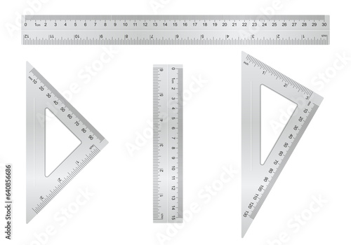 Metal ruler collection. Short, long and triangle ruler with different type of measure.