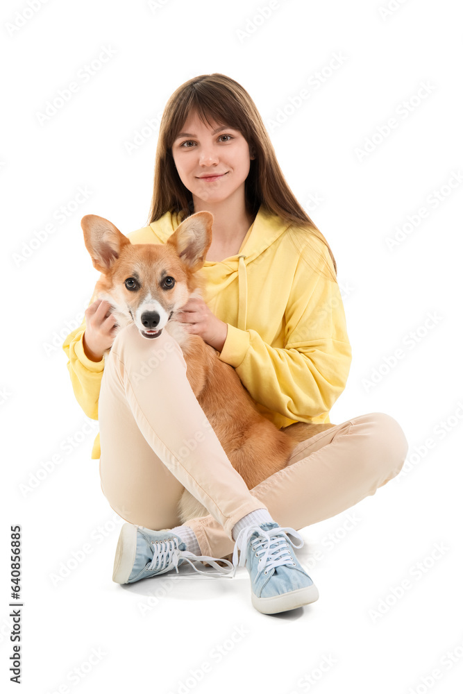 Pretty young woman with cute Corgi dog sitting on white background Pretty young woman with cute Corgi dog sitting on white background