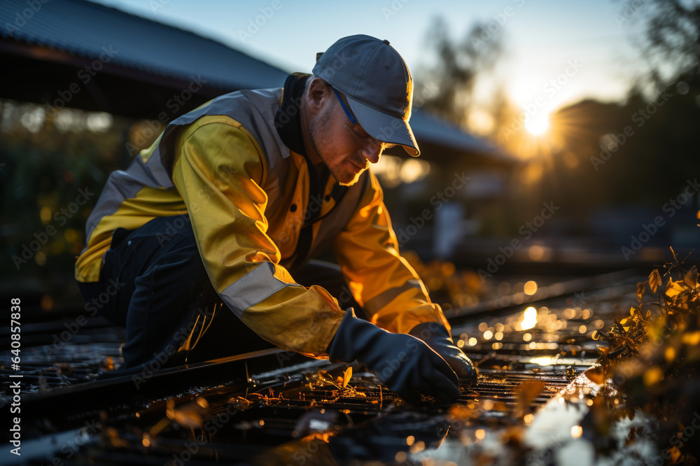 a man with a helmet cleaning a solar panel made with AI a man with a helmet cleaning a solar panel made with AI