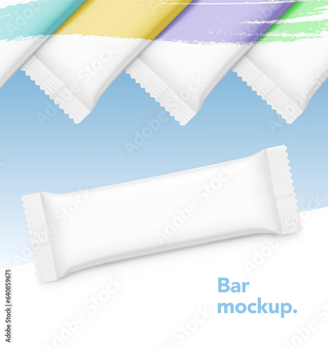 High realistic packaging snack bar mockup with sample. Vector illustration isolated on white background. Perfect for your product. Front  view. EPS10.