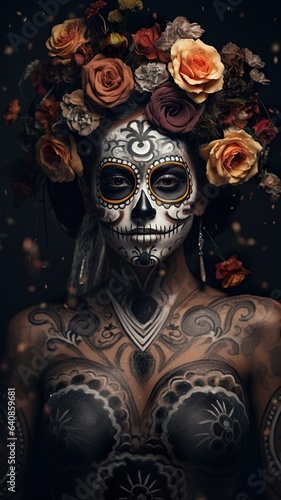 Closeup portrait of Calavera Catrina. Young woman with sugar skull makeup. Day of The Dead