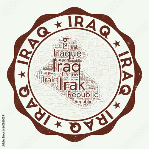 Iraq logo. Attractive country badge with word cloud in the shape of Iraq. Round emblem with country name. Creative vector illustration.