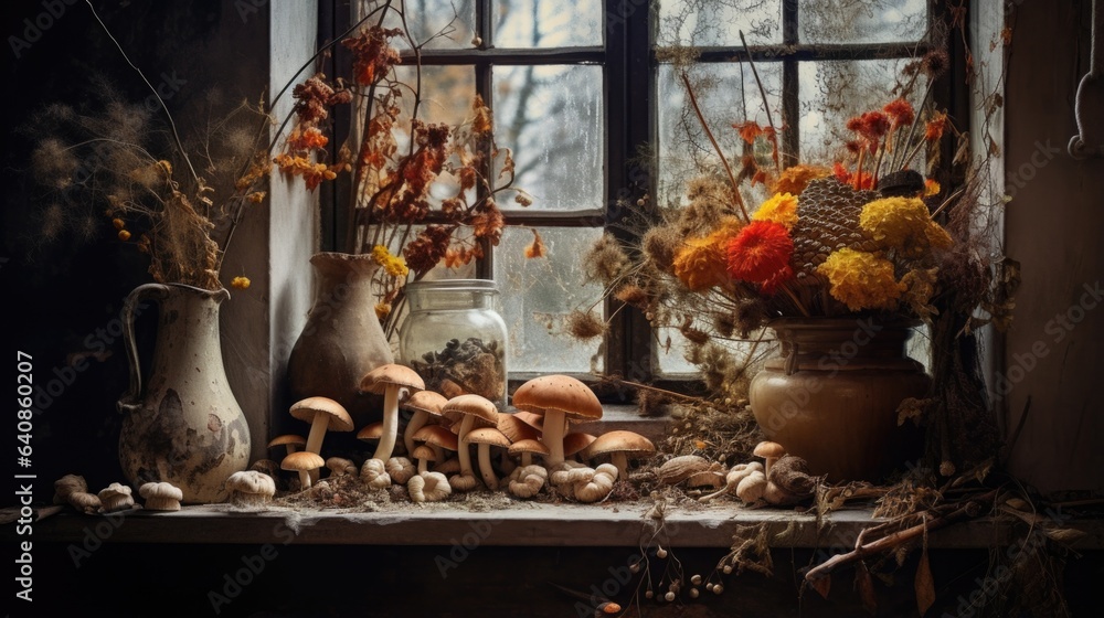 A window sill filled with vases of flowers and mushrooms