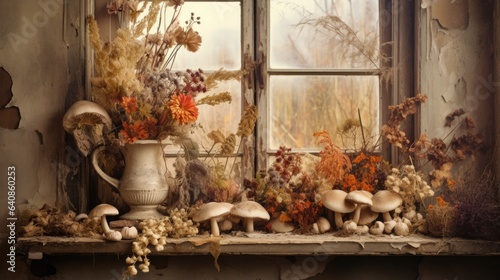 A window sill with a bunch of flowers and mushrooms on it