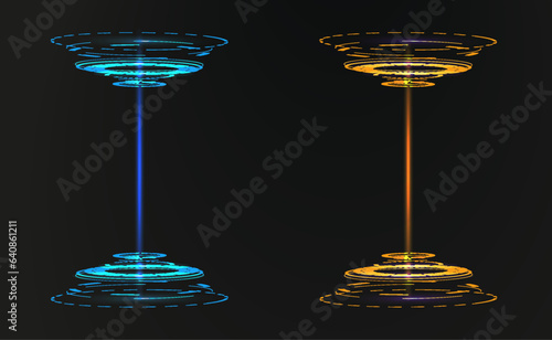 Sky-fi digital hi-tech collection in HUD style. Magic circle teleport podium. GUI, UI virtual reality projector. Abstract hologram technology. Vector Portal and hologram futuristic circle elements.	