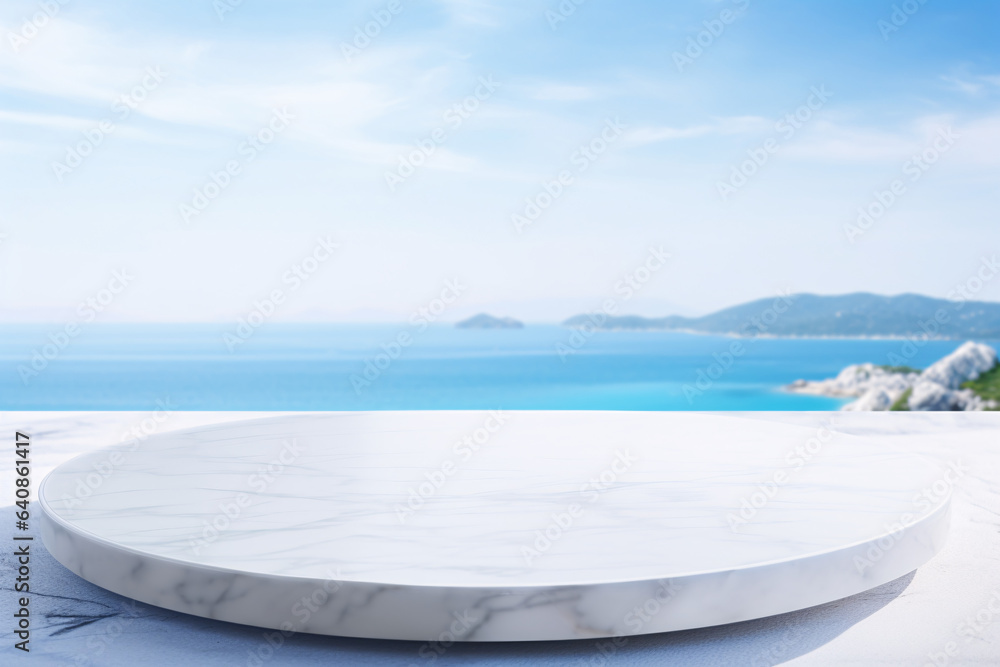 empty round marble on the background of the island, mountain and blue sky for product display