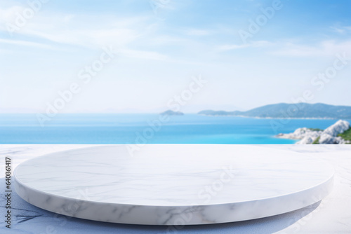 empty round marble on the background of the island  mountain and blue sky for product display