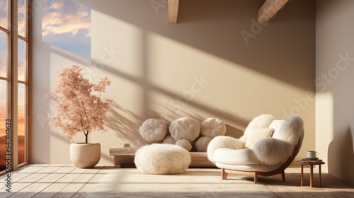 Boho interior design of living room with sofa and rattan armchair.