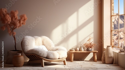 Boho interior design of living room with sofa and rattan armchair. © mehmet