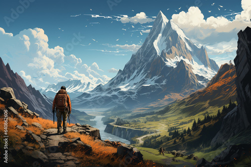 A young man looking at a big beautiful mountain that he is going to climb, inspiring, highly detailed detail. Mountain sport. risk. action made with AI