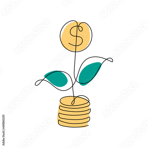 Money tree growing from a stack of gold coins. Investment, profit, finance concept. Minimalistic illustration in continuous line style. business background