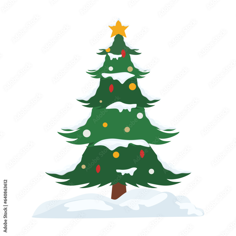 Decorated christmas tree in snow. Green fluffy christmas pine in winter season isolated on white background. New year and christmas concept. Flat vector illustration for holiday
