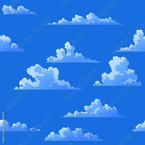 Bezszwowy wzorek ze stylizowanymi, komiksowymi chmurami na niebieskim tle