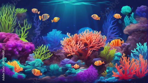 Coral reef background. Undersea tropical world. Bright neon colored coral reef  anemone and sea plant.