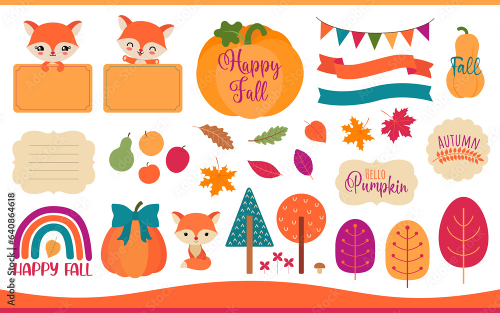 Autumn clipart set flat design. Fall icons. Pumpkins, leaves, cute cartoon fox. Autumn greeting text. Copy space. Fall banners and tags. For planner, sticker, card, social media ads, scrapbook.