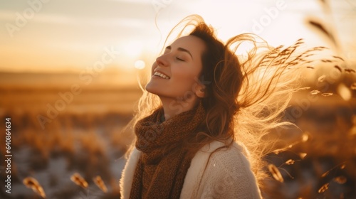 Backlit Portrait of calm happy smiling free woman with closed eyes enjoys a beautiful moment life on the fields at sunset © Adriana