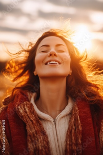 Backlit Portrait of calm happy smiling free woman with closed eyes enjoys a beautiful moment life on the fields at sunset