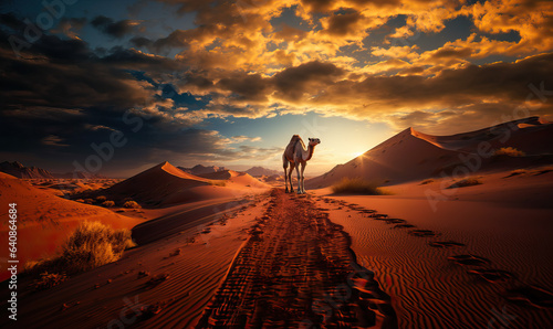 Camel in the desert on a sunny day.