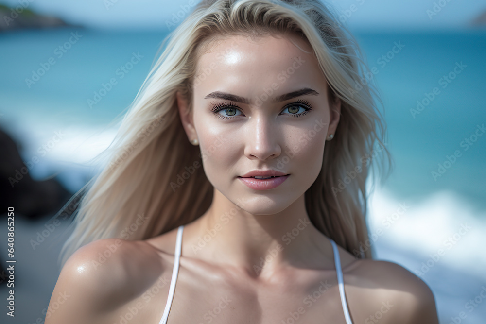 Summer Escape: A Relaxing Beach Vacation with a Beautiful Blonde Woman, ai generative Summer Escape: A Relaxing Beach Vacation with a Beautiful Blonde Woman, ai generative
