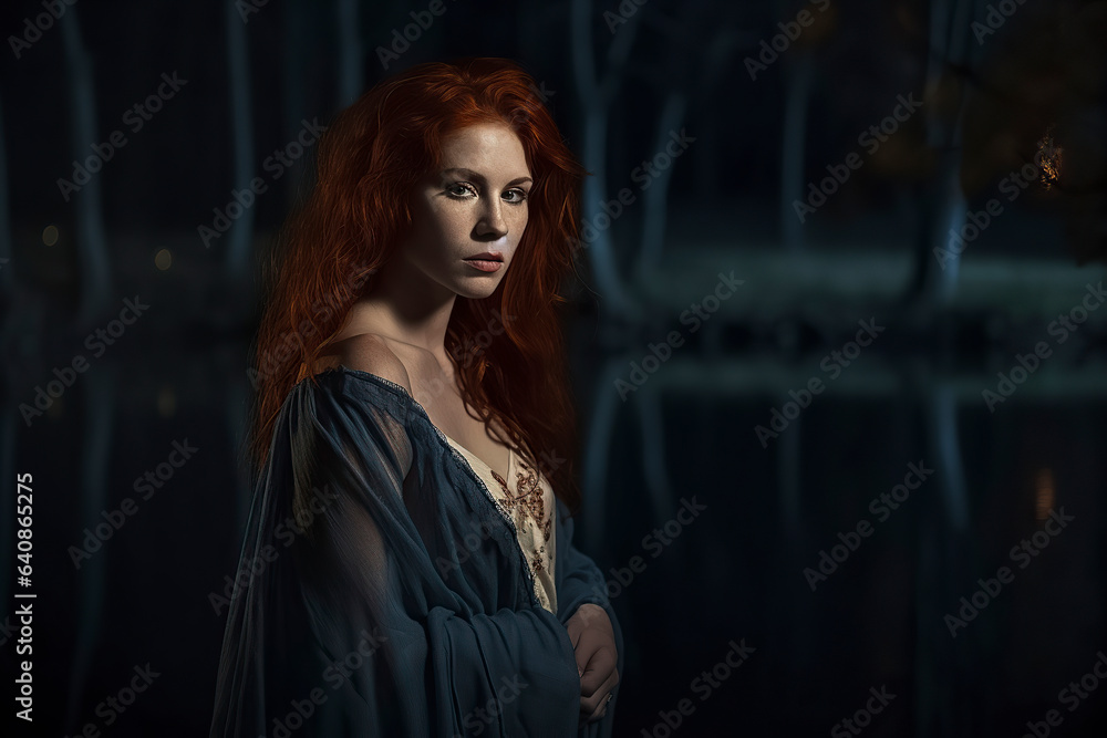 Woodland Dreamscape: Intriguing Redhead Rests Serenely in Nighttime Camisole, Amidst Enchanted Night, ai generative