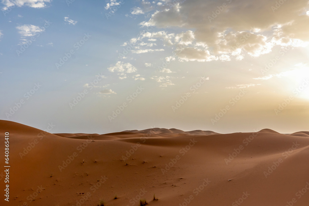 Sunset view at the Erg Chebbi sand dune landscape of the sahara of morocco near merzouga