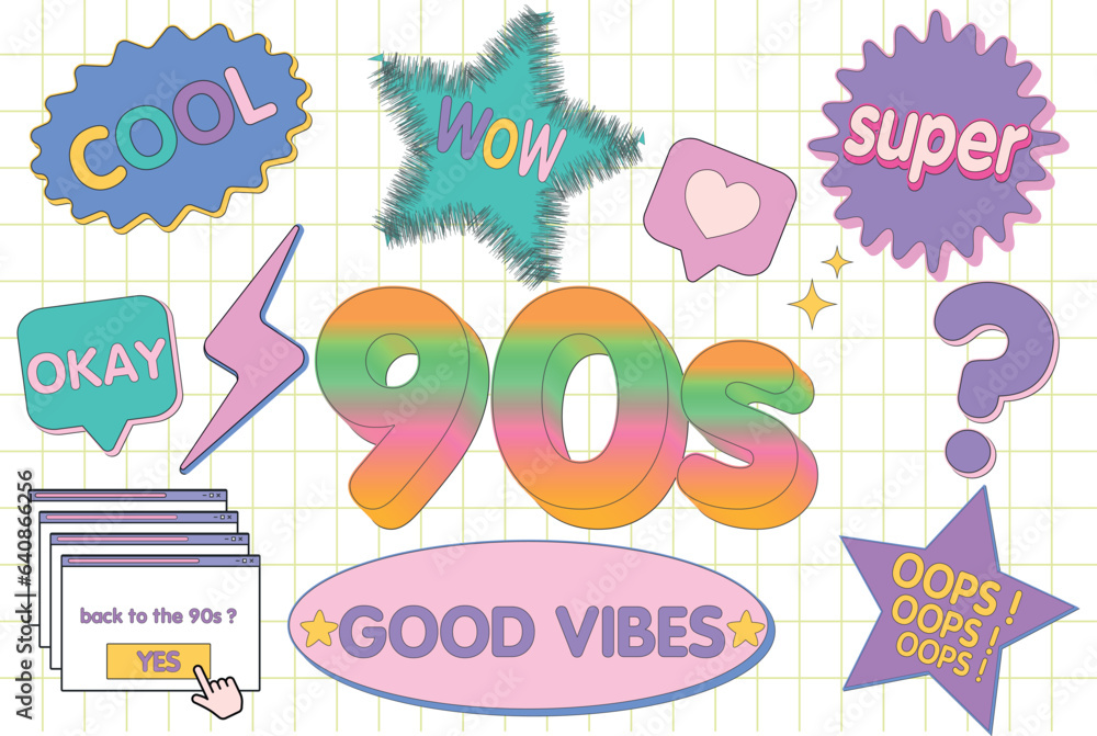 Fototapeta premium Set of trendy badges or stickers in the style of the 90s. Bright patches with smiling faces, lightnings, diamonds, stars and speech bubbles with the text Oops, Cool, Wow. Nostalgia for the 1990s.