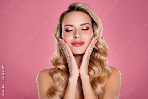 Photo of lovely pretty lady enjoy touch moisturizing mask wash face isolated on pastel color background
