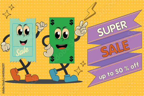 Sale banner, retro groovy discount coupon character with dollar character super sale. Vector pop art background with halftone, abstract geometric shapes. For business, advertising, poster. Vector 