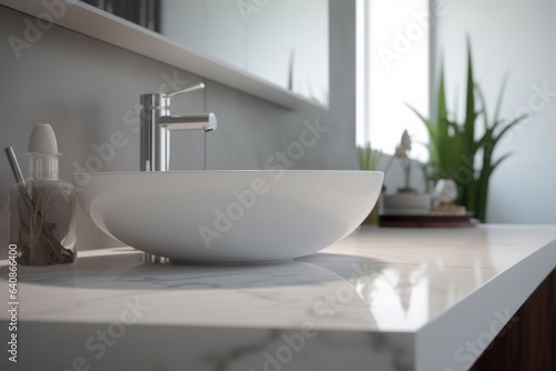 Stylish sink-vessel on a white marble countertop in a modern white bathroom