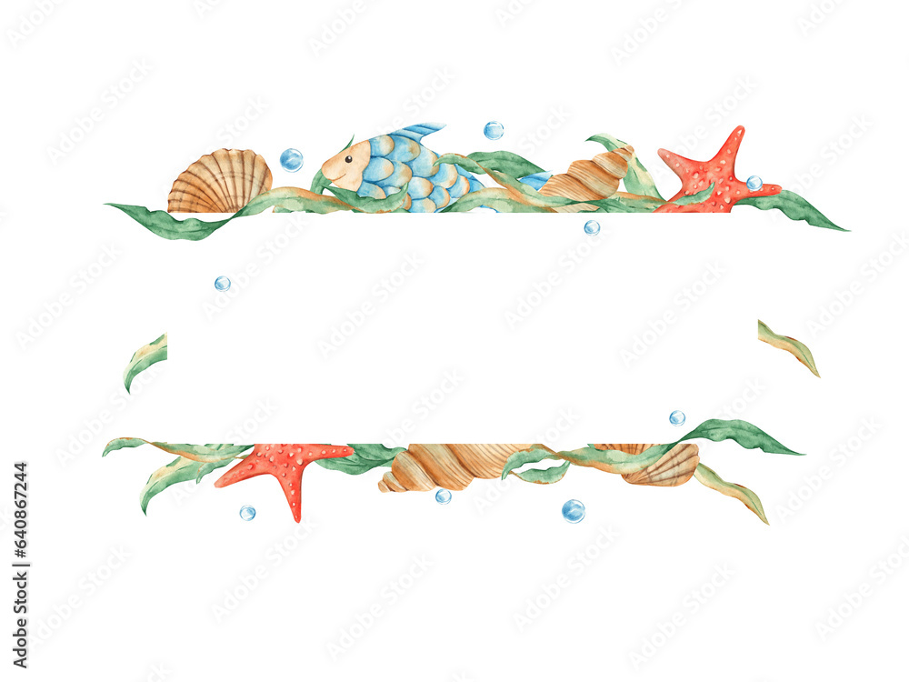 Obraz premium Sea horizontal frame, cute fish, seashells, seaweeds, red sea star and blue water bubbles. Marine design. Watercolor hand drawn illustration isolated on white background. For cards, logos, baby shower