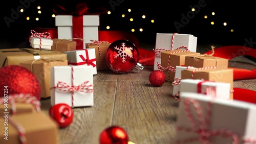 Christmas Gift Presents, old wooden floor, tracking camera motion
