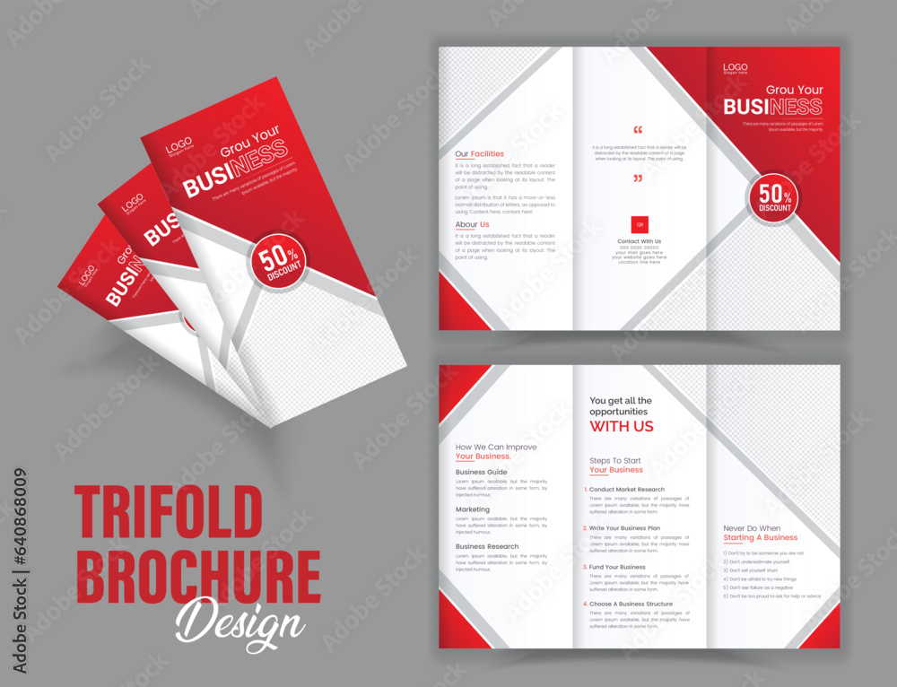 Red and black colored simple and modern trifold brochure template