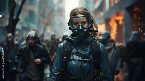 climate emergency, people wear oxygen masks, the air is unbreathable